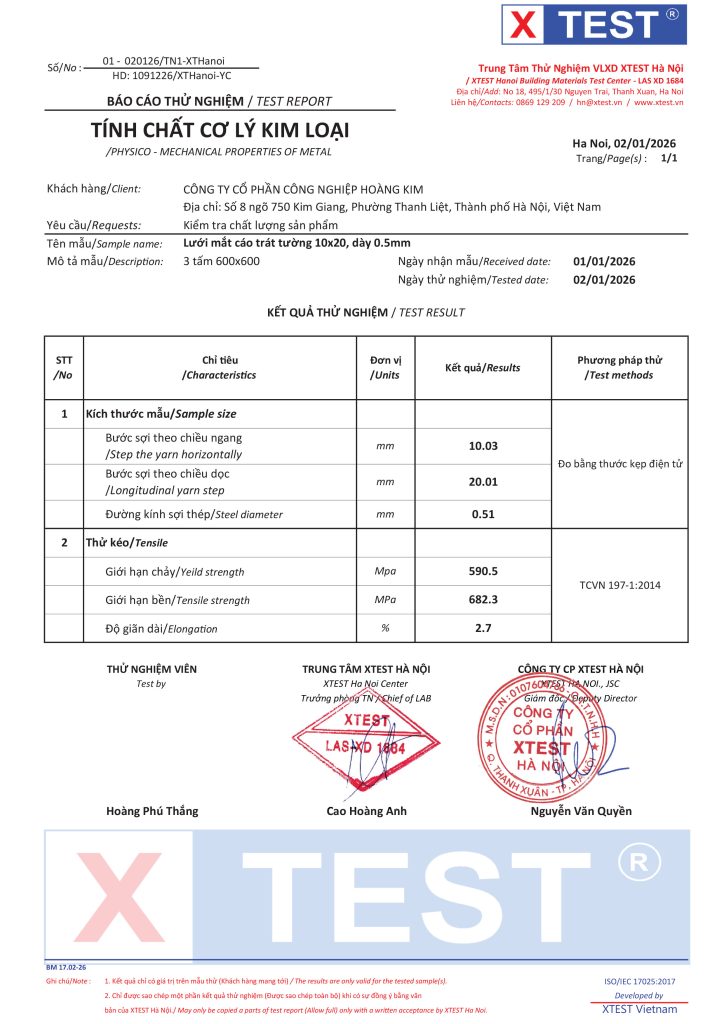 Lưới trát tường 10x20 của Lưới thép Hoàng Kim có đầy đủ chứng chỉ